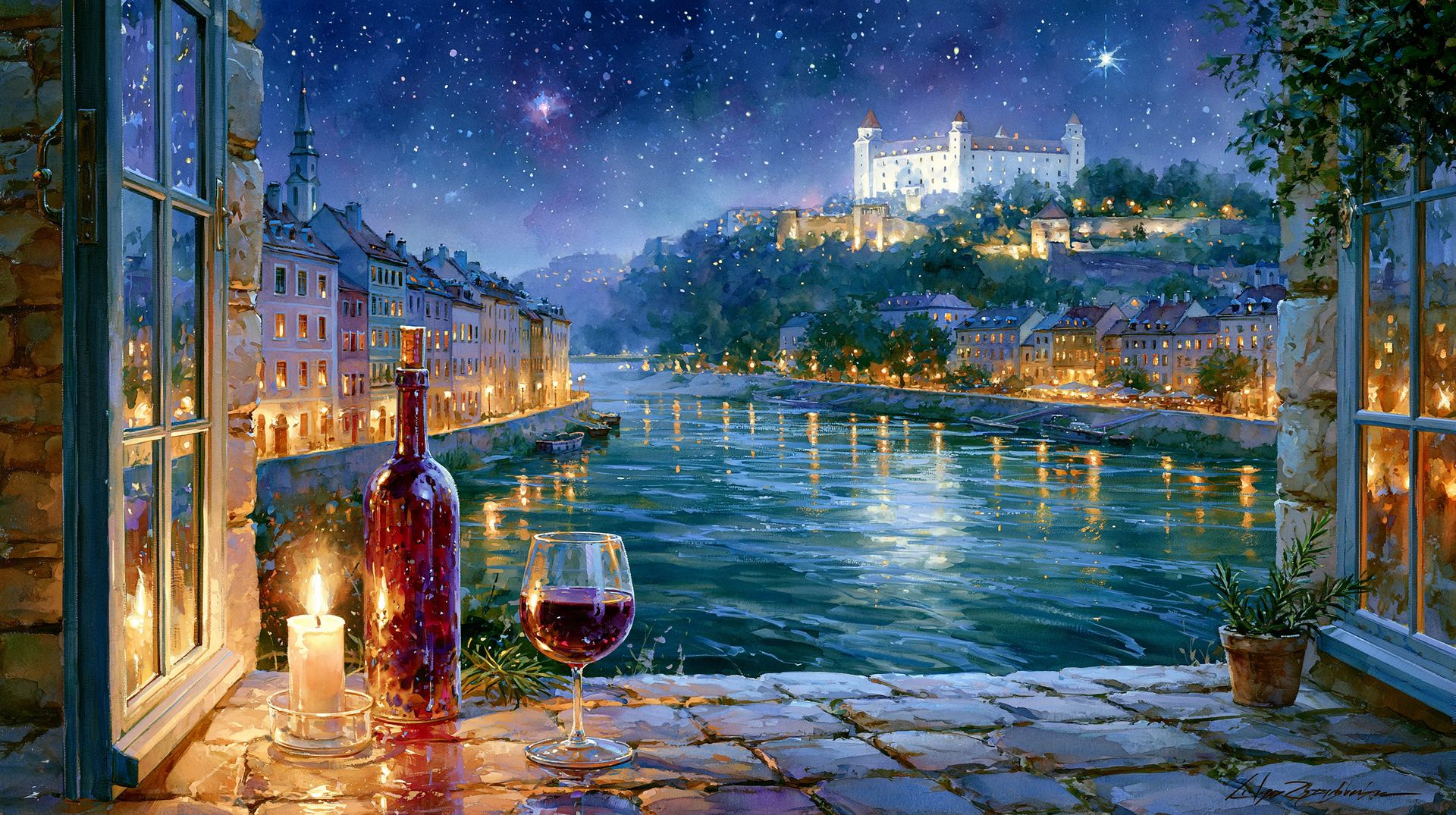 Watercolor of Bratislava at night: a candle and a glass of red wine on a stone sill above the Danube, the castle lit on the hill